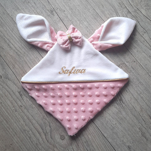 COFFRET: couverture minky x75cm + doudou minky nœud + un ensemble turban+bandeau+chaussons+moufles